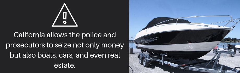 Image of boat. Text reads: California allows the police and prosecutors to seize not only money but also boats, cars, and even real estate.