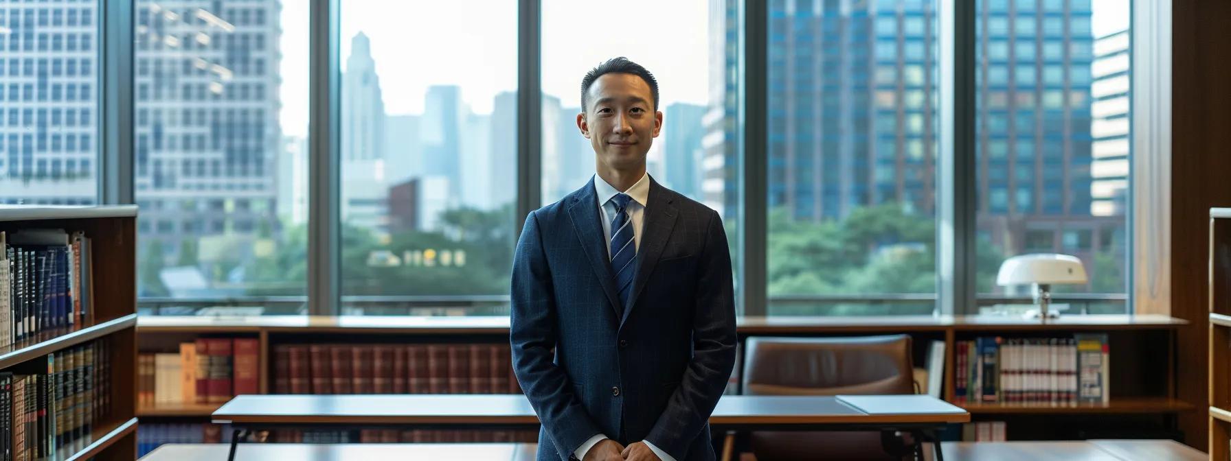 Confident battery lawyer in formal attire standing in a law office with bookshelves and city skyline in the background, emphasizing legal expertise and professional representation.