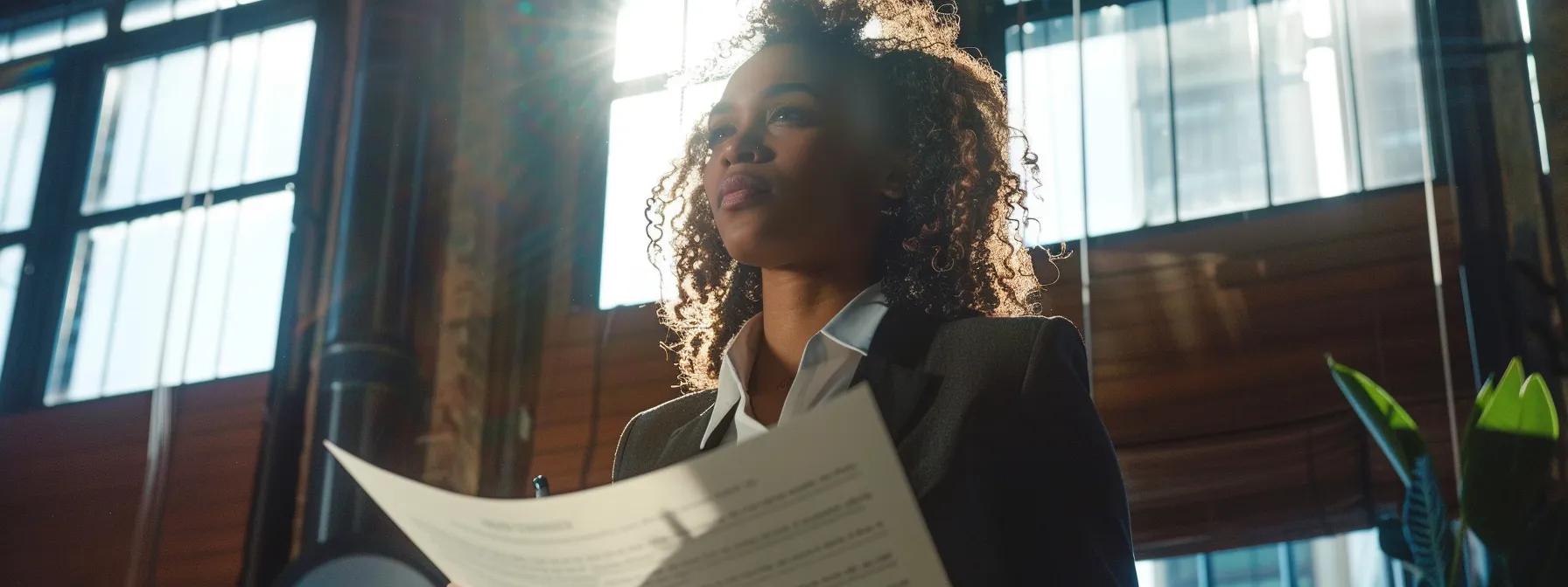 a determined assault victim stands confidently in a sleek, modern office, surrounded by legal documents and a laptop, emphasizing their empowerment and readiness to exercise their rights in pursuit of justice. Professional woman holding legal documents in a law office, symbolizing the pursuit of justice for assault and battery victims, emphasizing legal rights and support options.