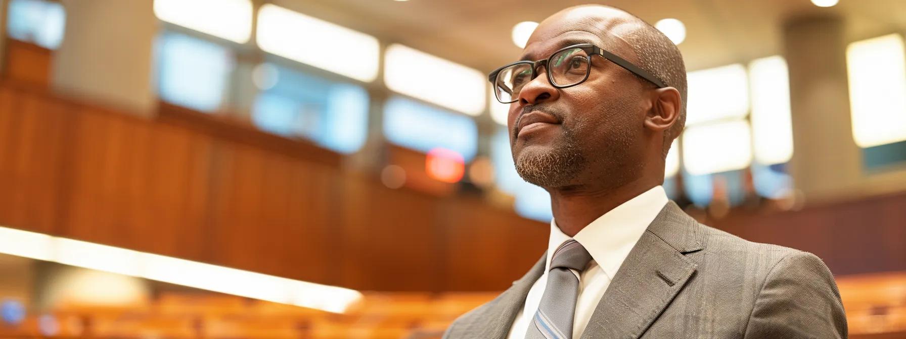 a determined criminal defense lawyer passionately presents a compelling argument in a modern courtroom, expertly challenging the validity of evidence while the attentive jury and judge observe intently under the dramatic spotlight of overhead legal lighting.