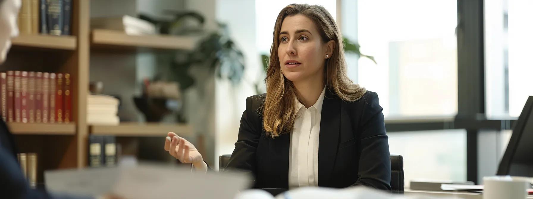 a determined domestic violence lawyer stands confidently in a sleek, modern office, surrounded by legal documents and case files, as they engage in a focused discussion with a supportive client, highlighting their commitment to safeguarding rights and navigating complex legal challenges.