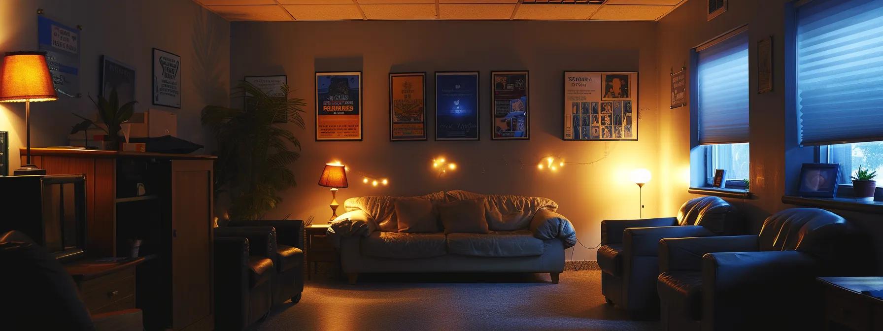 a dimly lit, modern counseling office equipped with comfortable seating and motivational posters, where a victim advocacy session is underway, conveying a sense of safety and support for assault victims accessing vital resources. Dimly lit counseling room with a comfortable sofa, two armchairs, a lamp, and framed posters on the walls, reflecting a supportive environment for legal consultations.
