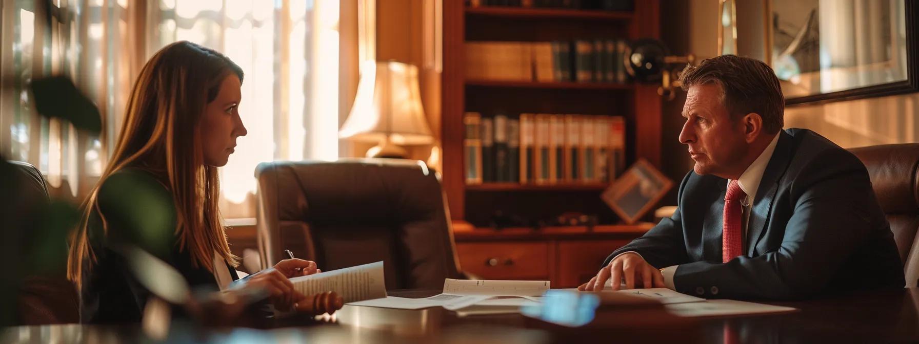 a dimly lit office space showcases a concerned individual sitting across from a sympathetic attorney, with documents outlining visible injuries and threatening messages spread on the table, emphasizing the urgency for legal support. Woman consulting with lawyer in a dimly lit office, discussing legal options for assault and battery cases, surrounded by legal books and documents.