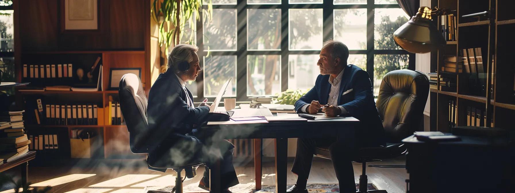a dramatic, high-contrast image of a tense legal consultation in a sleek, dimly-lit office, showcasing a worried client seated across from a focused defense attorney surrounded by important case documents and digital devices, emphasizing urgency and strategic planning in the face of serious allegations.