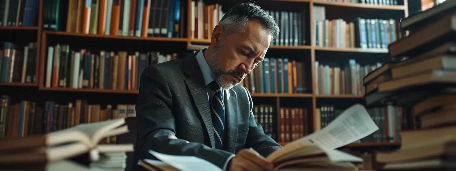 a focused drug crimes lawyer, in a modern office filled with legal books and case files, examines evidence documents intently under bright, overhead lighting, symbolizing the meticulous analysis required to navigate complex dual allegations in criminal defense cases.