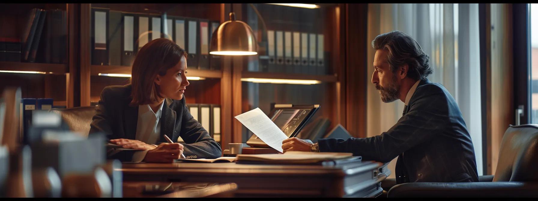 a focused office setting captures a serious consultation between a lawyer and a client, with the lawyer poring over detailed case documents illuminated by soft overhead lighting, conveying the weight of protective legal assistance.
