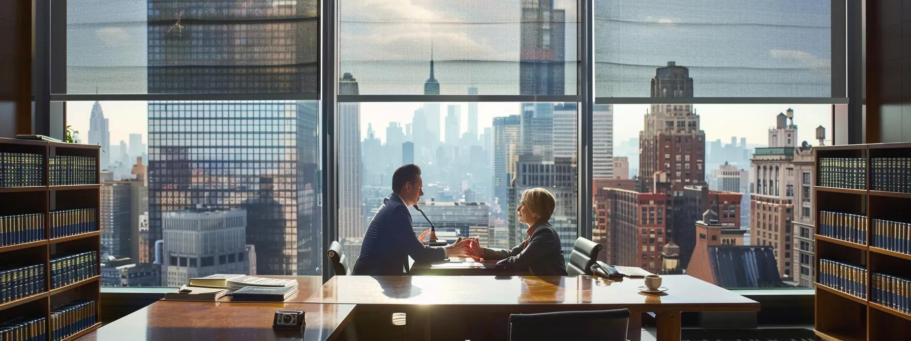 a focused shot of a sleek, modern law office interior, featuring a confident attorney discussing case strategies with a concerned client, surrounded by legal books and a large window showcasing the urban skyline of new york city. Lawyers discussing legal strategies in a modern office with a city skyline view, emphasizing legal representation for assault and battery cases.