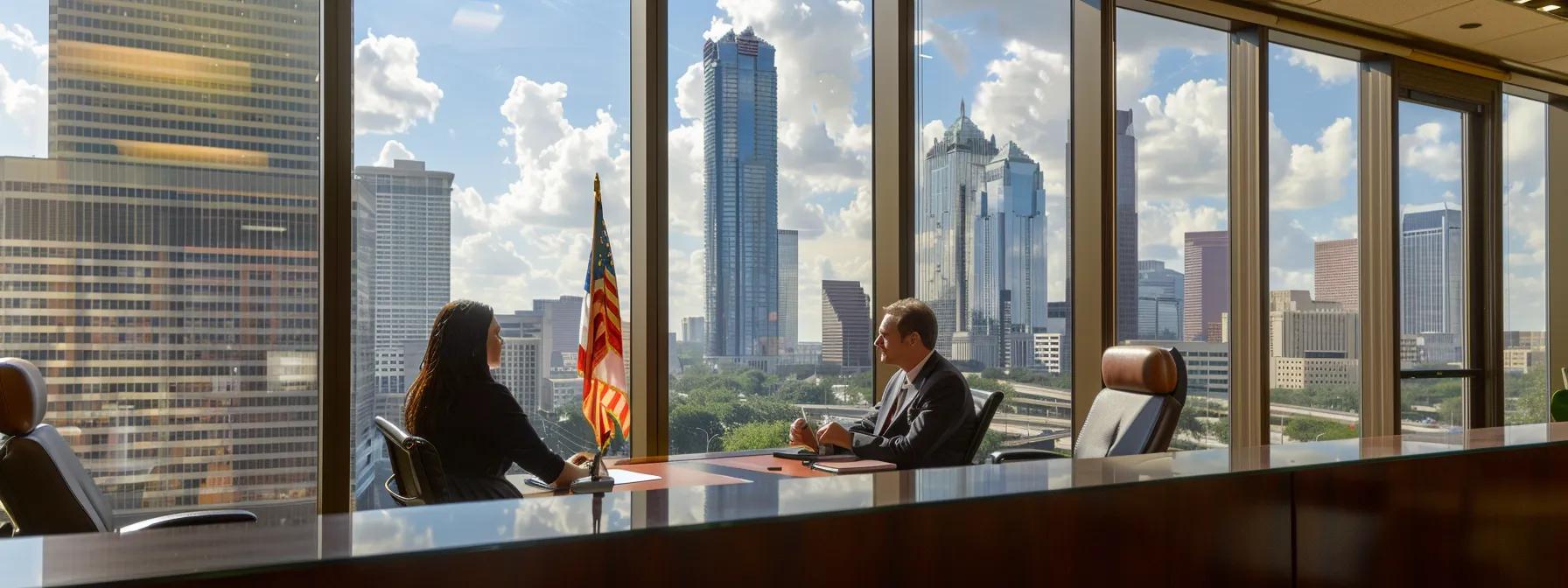 a polished urban law office setting features two attorneys engaged in a focused discussion over a dossier, with a large window framing the city skyline, symbolizing the intricate landscape of criminal defense and dui law.