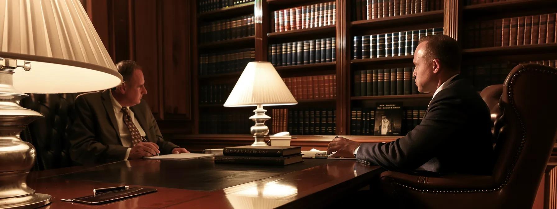 a professional, dimly-lit law office features a confident attorney in a tailored suit, engaging in a serious consultation with a client across a sleek mahogany desk, surrounded by legal books and case files, emphasizing the gravity of selecting the right legal representation.