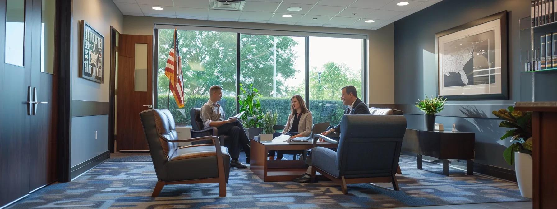a sleek, modern law office with two attorneys engaged in a focused discussion, one specializing in criminal defense with legal tomes in the background, while the other, showcasing certificates and dui-related materials, emphasizes their expertise in alcohol testing and administrative law.