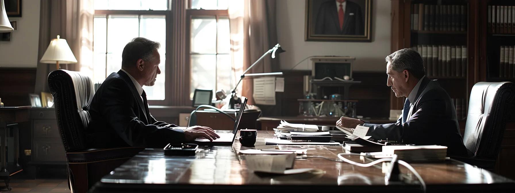 a solemn, well-appointed office space features a distressed individual seated across from a professional attorney, both engaged in a serious discussion, with legal documents and a laptop visible on the polished desk, emphasizing the urgency of seeking legal advice after an assault. Two men in formal attire discussing legal matters at a desk, with documents and a laptop, in a law office setting, emphasizing legal consultation related to assault and battery cases.