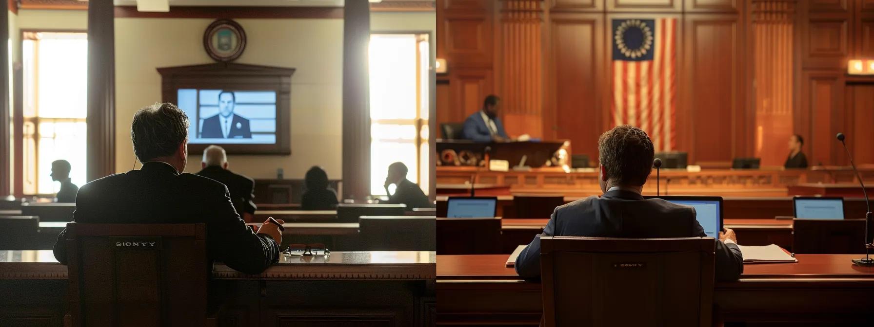 a split-screen visual showcases a tense courtroom setting on one side with a criminal defense attorney surrounded by complex evidence like forensic reports and surveillance monitors, and on the other side, a focused dui attorney in a dmv hearing room analyzing breathalyzer calibration logs and traffic stop protocols, highlighting the contrasting challenges in legal defense strategies.
