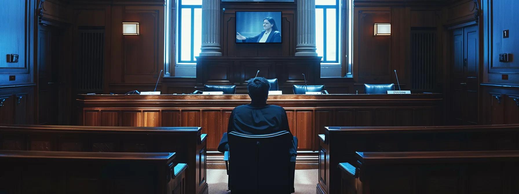 a tense courtroom setting captures a defendant seated in a stark, imposing environment, flanked by multiple legal documents and a monitor displaying dual allegations of sex and drug offenses, emphasizing the gravity and complexity of facing compounded legal exposure.