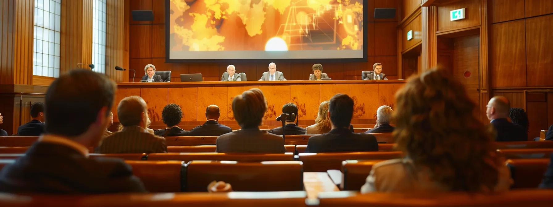 an intense courtroom scene captures a defense attorney passionately presenting statistical evidence on a large screen, highlighting the effectiveness of legal strategies, with an engaged judge and jury visibly attentive to the compelling arguments being made.