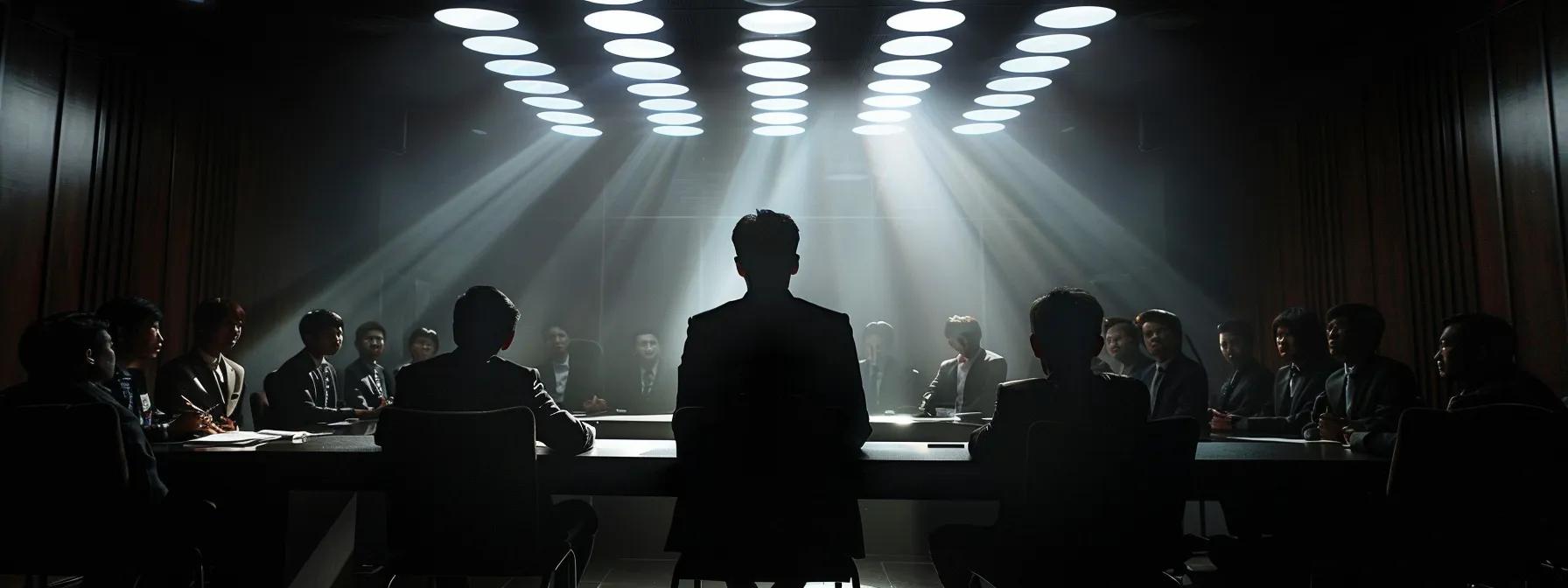 an intense courtroom scene captures a focused defense attorney presenting compelling evidence, surrounded by a tense jury, illuminated by stark overhead lighting to highlight the gravity of the assault case proceedings. Intense courtroom scene with silhouetted figure at the head of a table, surrounded by attentive individuals in suits, illuminated by dramatic overhead lighting, reflecting the serious nature of legal proceedings.