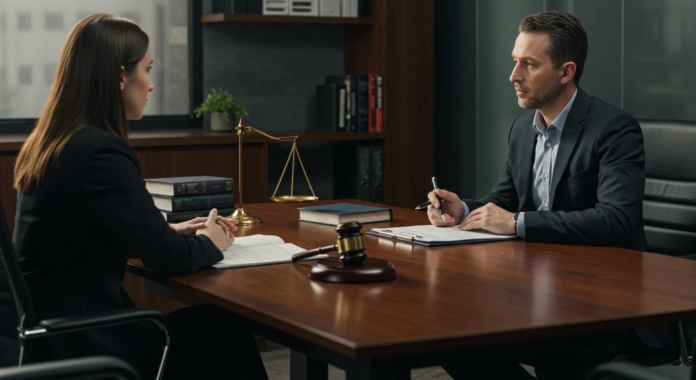Professional attorney consulting with a client in an office setting, discussing legal strategies related to criminal defense, with law books and a gavel present, symbolizing legal expertise and case management.