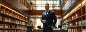 Confident lawyer in a suit standing in a law library, surrounded by legal books, representing DUI and domestic violence defense expertise.