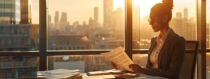 a poised attorney reviews legal documents in a sleek, modern office, surrounded by law books and a city skyline visible through large windows, symbolizing hope and the pursuit of justice after a felony conviction.