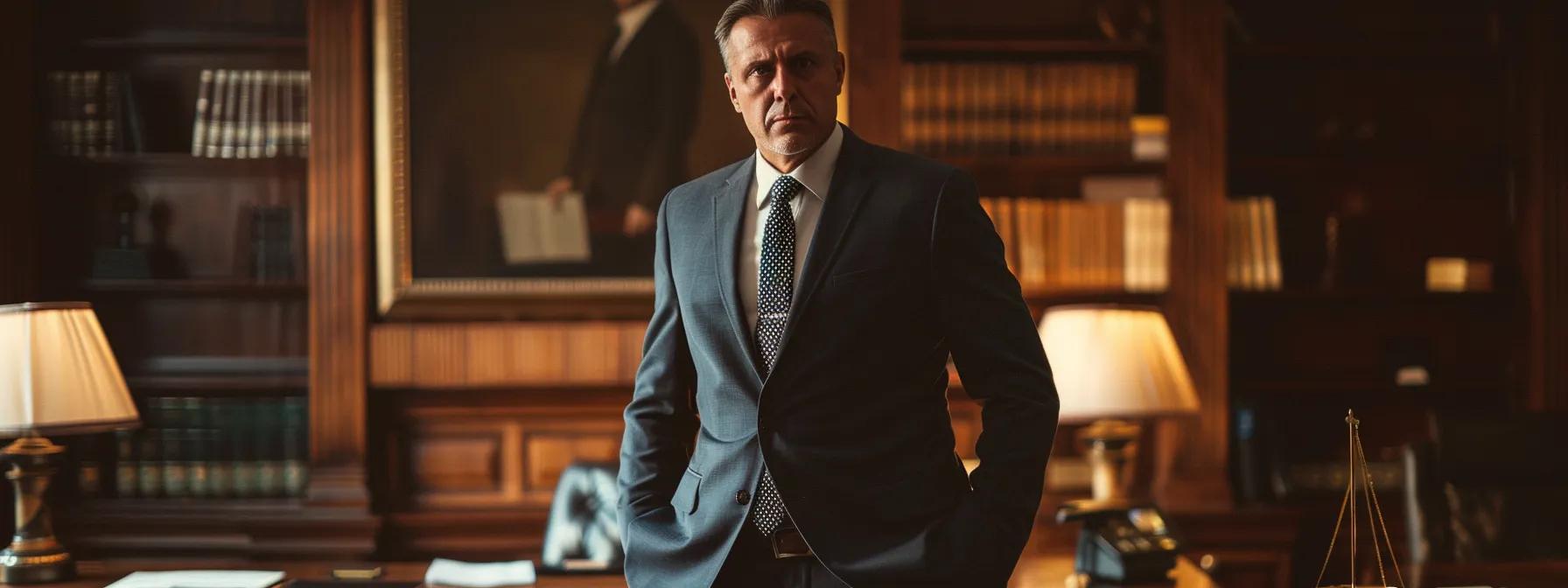a determined defense lawyer, dressed in a sharp suit, stands confidently in a polished office, surrounded by legal books and documents, as they passionately negotiate terms with a stern client, highlighting their tenacious efforts to minimize the consequences of a burglary case.