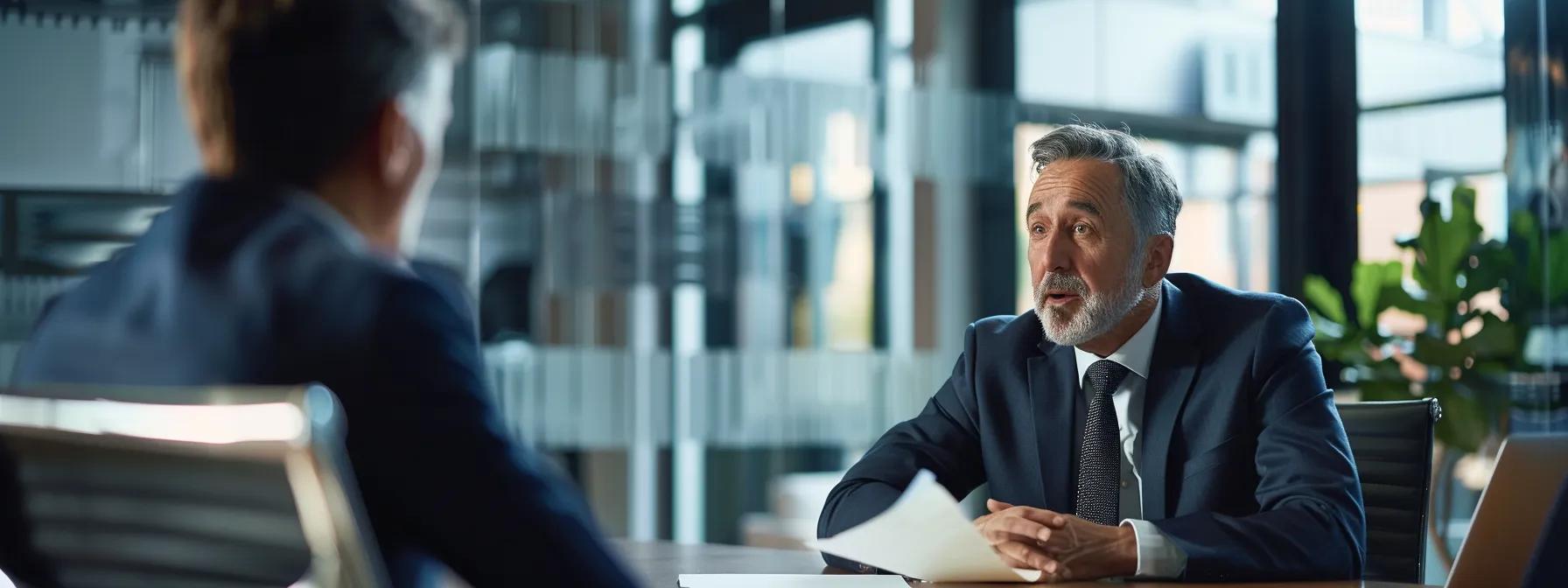 Professional lawyer consulting with a client in a modern office setting, emphasizing legal support for domestic violence and burglary cases.