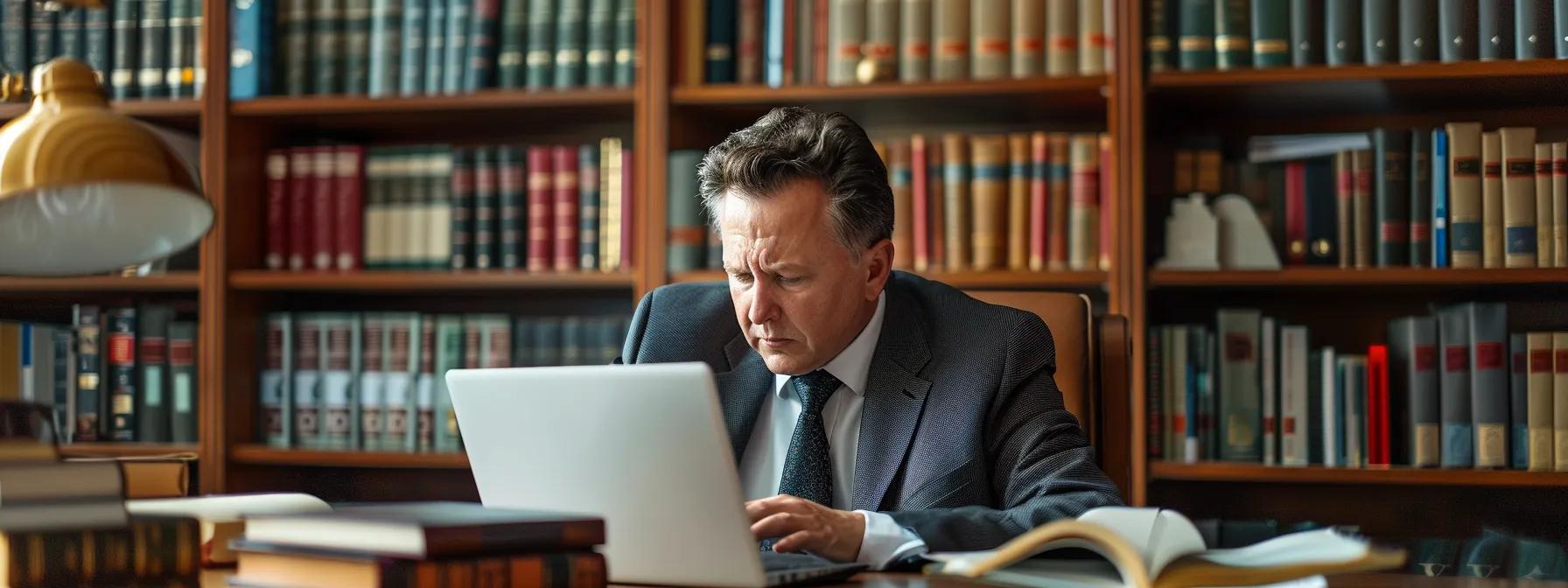 Lawyer focused on laptop in library, surrounded by law books, illustrating the role of a burglary defense attorney in legal research and case preparation.