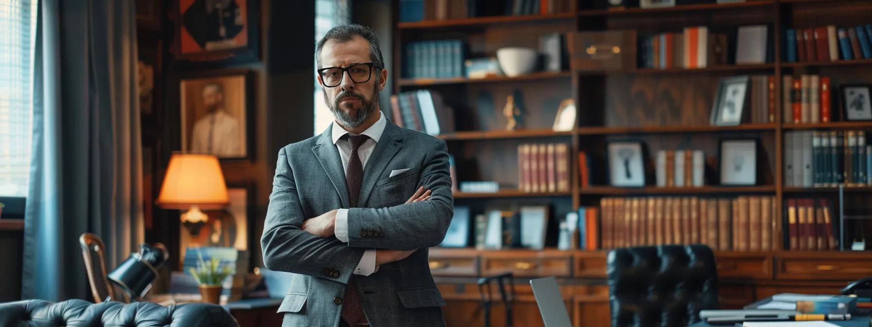 Attorney in a professional office setting, surrounded by bookshelves filled with legal texts, emphasizing expertise in burglary defense and criminal law.