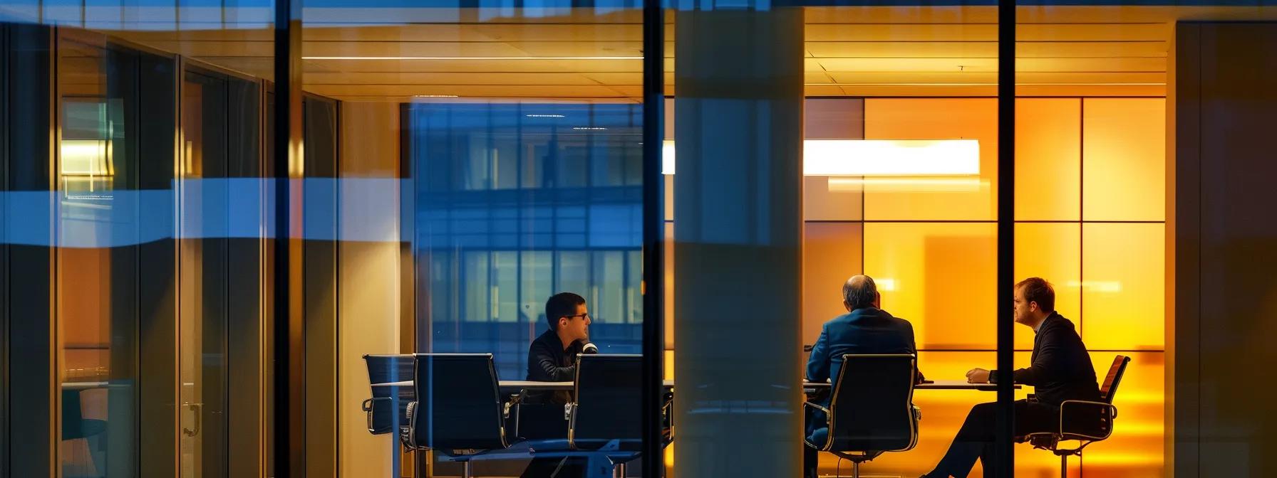 Business meeting in a modern office with three professionals discussing legal strategies, illuminated by warm orange and blue lighting.