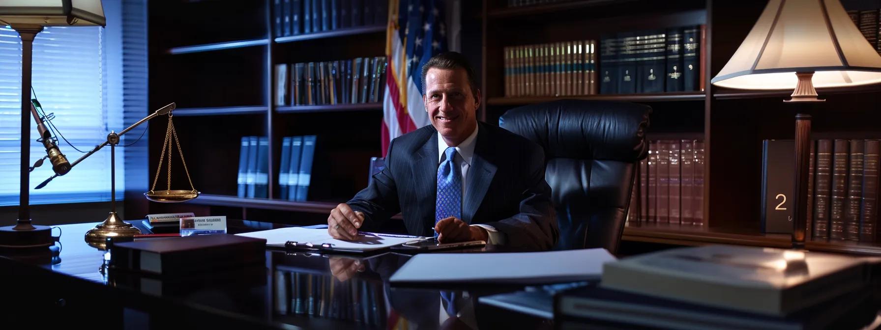 Professional lawyer sitting at a desk with legal books and a scale of justice, symbolizing expertise in DUI defense and legal representation in Long Beach.