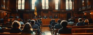 Courtroom scene with attorneys and a judge, emphasizing legal proceedings related to serious charges such as sex crimes and drug offenses, highlighting the importance of expert defense and constitutional rights.